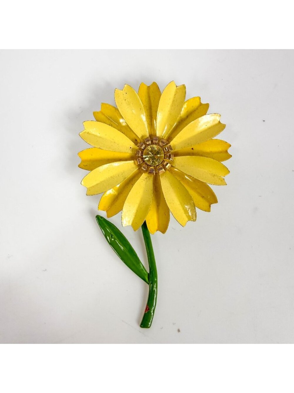 Vintage Enamel Metal Yellow Flower Power Rhinestone Center Brooch Long Stem